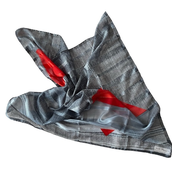 Vintage sheer Scarf signed Yvette Montagne Paris. Grey Silver Red Geometric - Picture 3 of 15